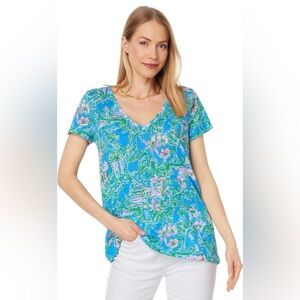 Lilly Pulitzer Etta V-Neck Shirt Boca Blue Beneath the Bougainvillea Size XXS